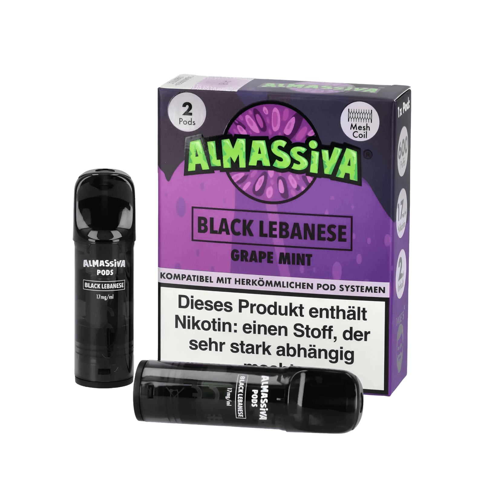 Almassiva Pod Black Lebanese Traube-Minze Set mit zwei Pods und eleganter Verpackung für perfekte Aroma-Vielfalt.
