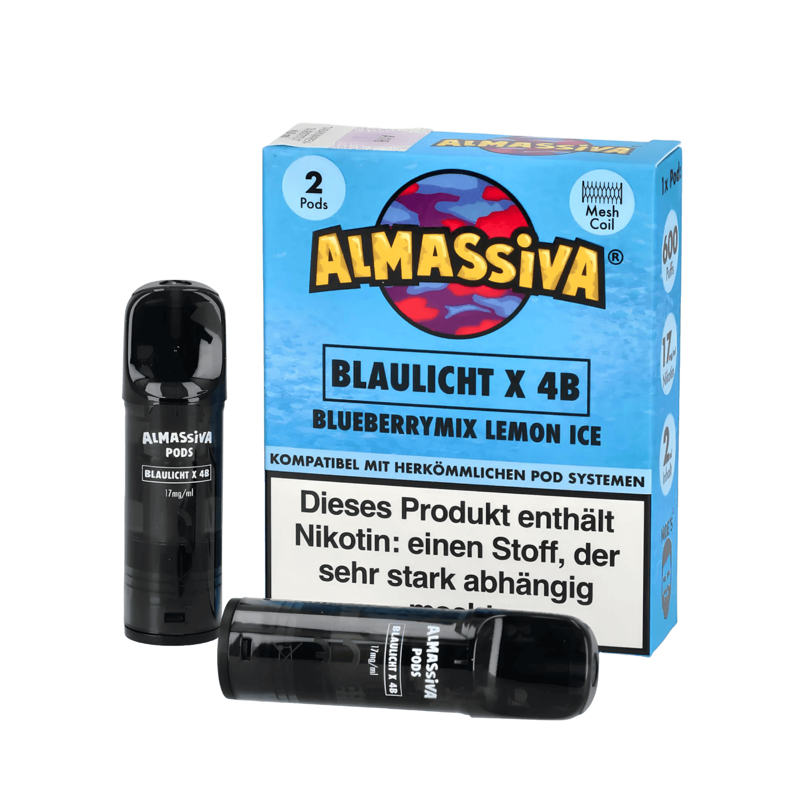 Almassiva Pod 2er Set Blaulicht Blueberrymix Lemon Ice mit Nikotinwarnung, fruchtig-frischer Vape-Genuss mit Menthol-Kick.