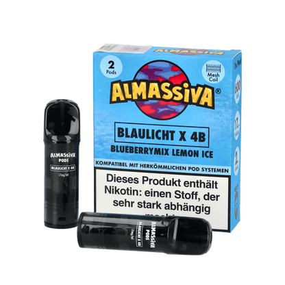 Almassiva Pod 2er Set Blaulicht Blueberrymix Lemon Ice mit Nikotinwarnung, fruchtig-frischer Vape-Genuss mit Menthol-Kick.