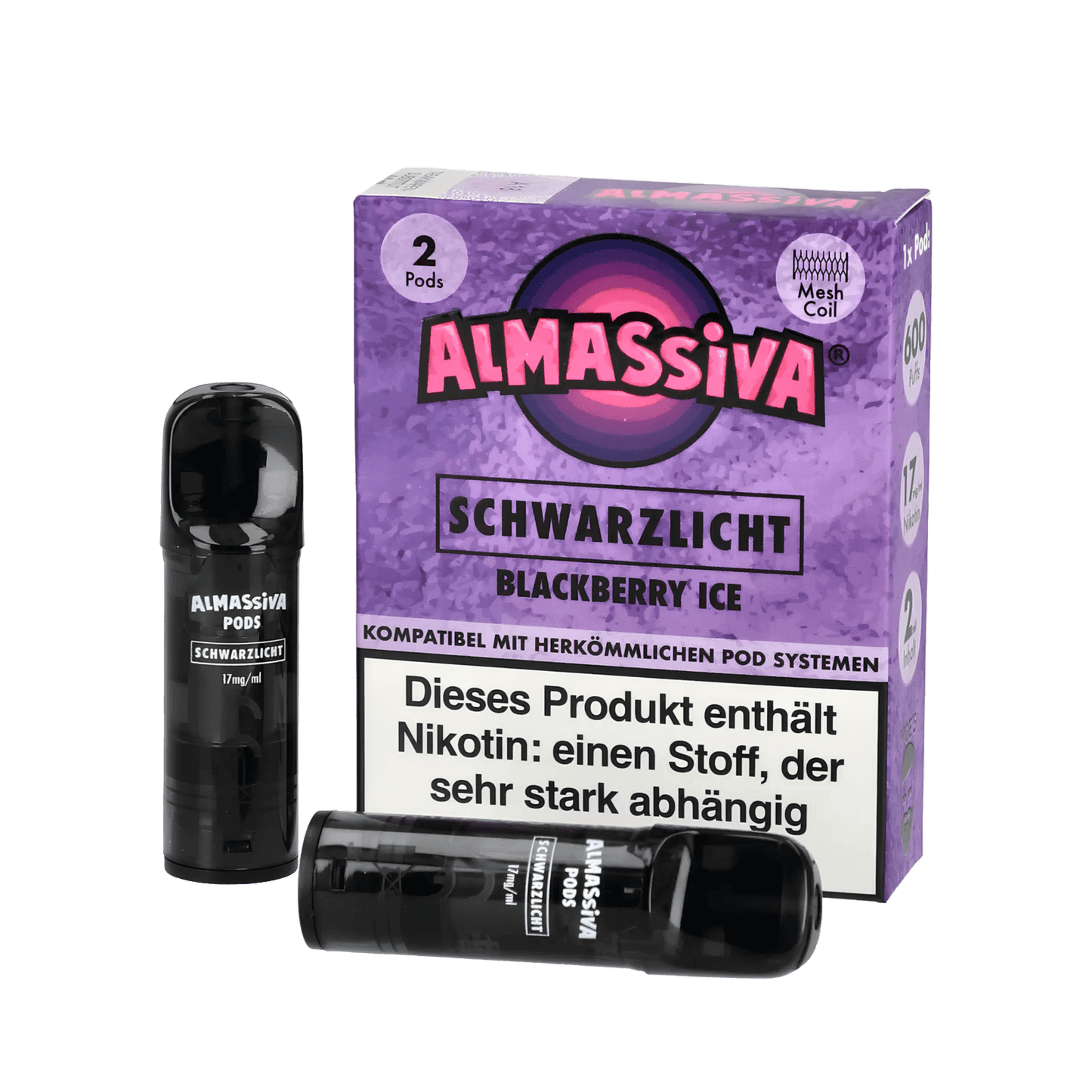 Almassiva Pod 2er Set Schwarzlicht mit Brombeer Menthol-Geschmack, verpackt in stylischer violetter Box, für Frische-Fans.