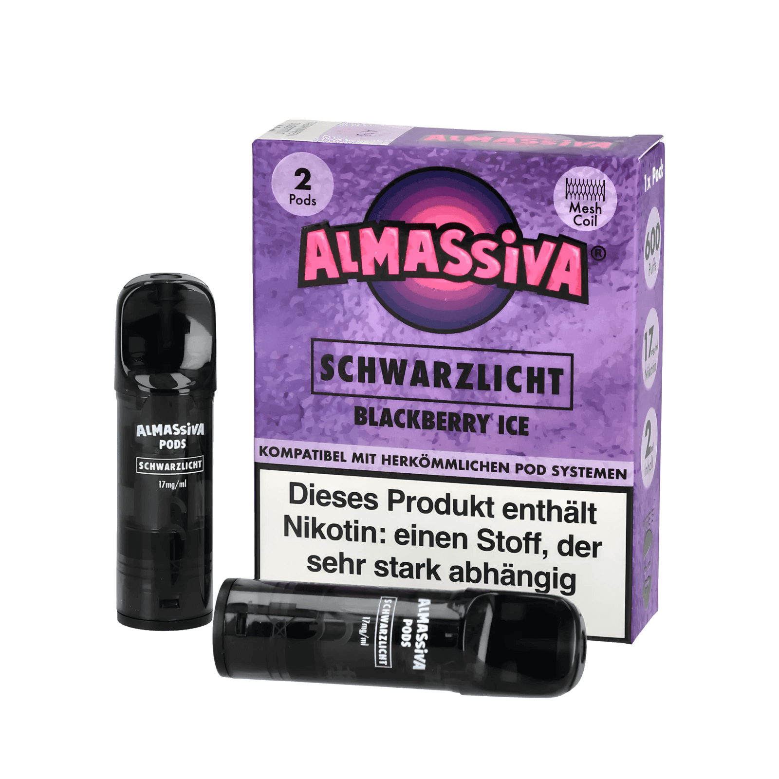 Almassiva Pod 2er Set Schwarzlicht mit Brombeer Menthol-Geschmack, verpackt in stylischer violetter Box, für Frische-Fans.