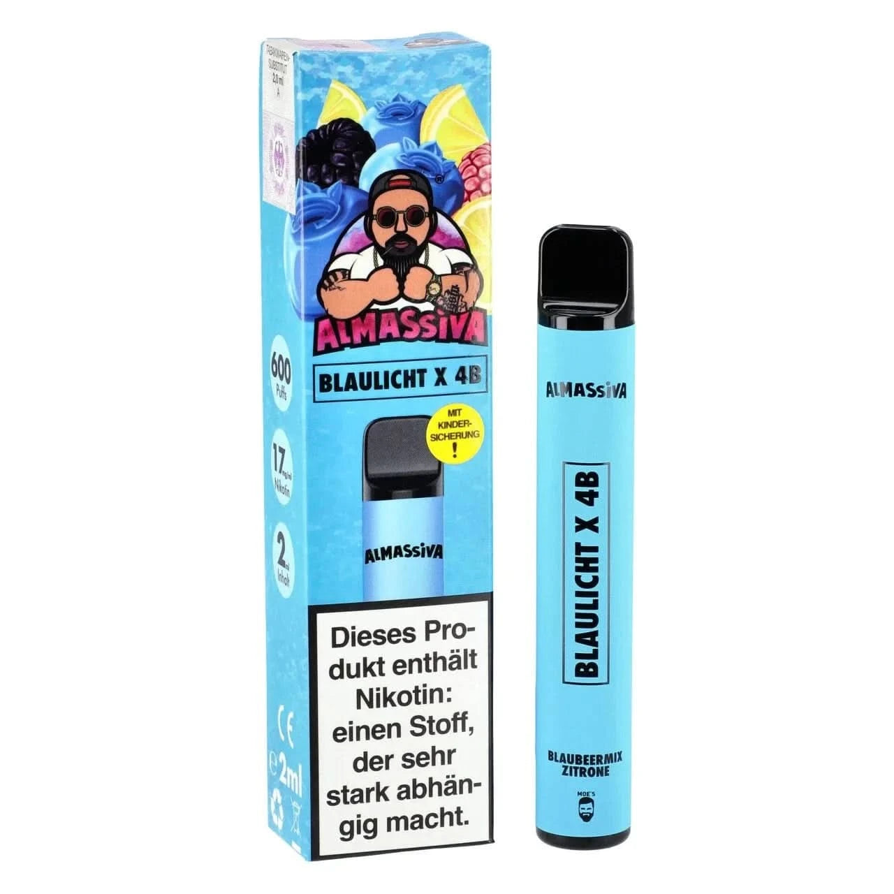 Erlebe den Almassiva Blaulicht x 4B Vape Pen mit süßen Blaubeeren und erfrischendem Menthol, inspiriert von dem Rapper Massiv.