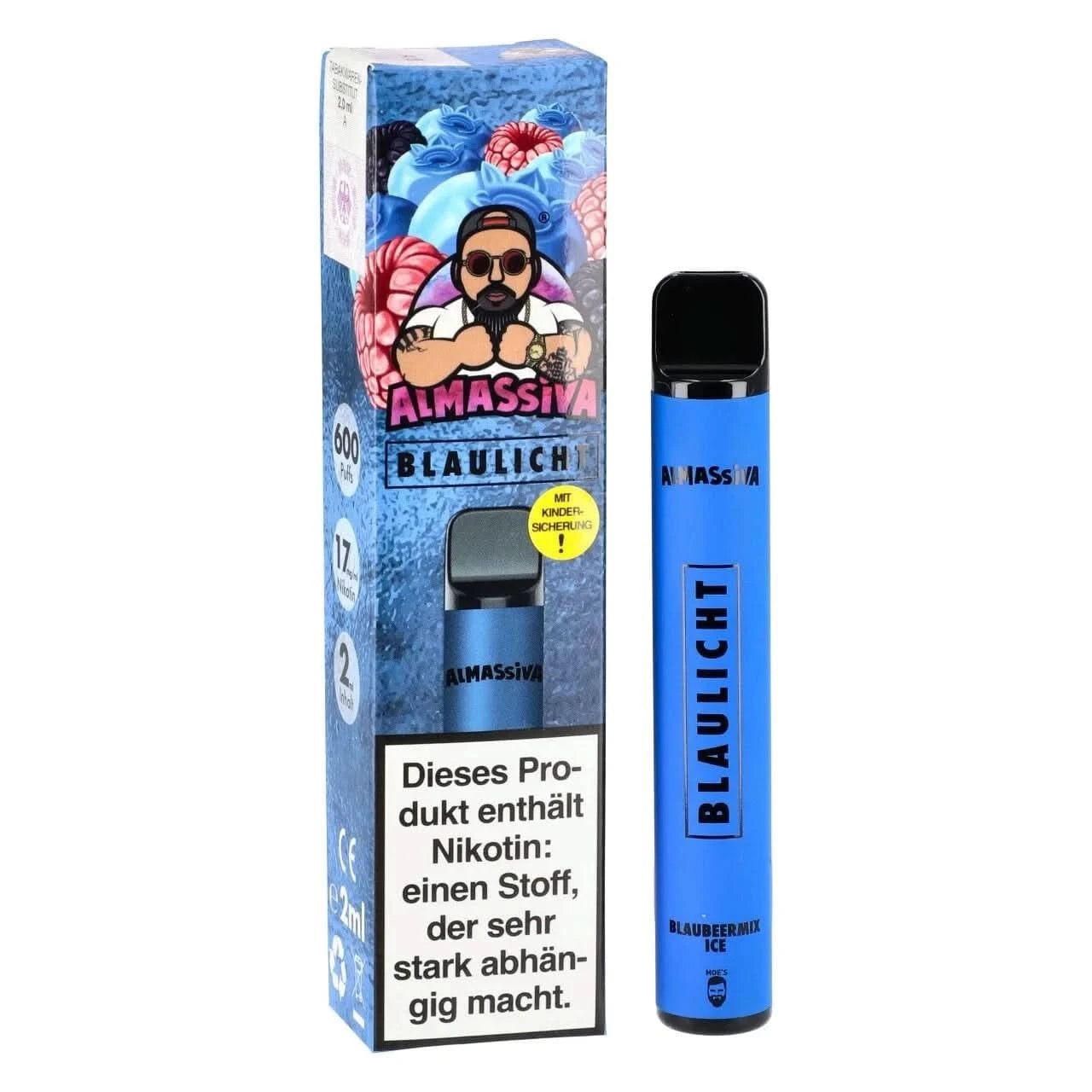 Almassiva Blaulicht E-Zigarette mit Blaubeer-Mentholmix, erlebe fruchtige Frische in jedem Zug, ideal für sonnige Tage.
