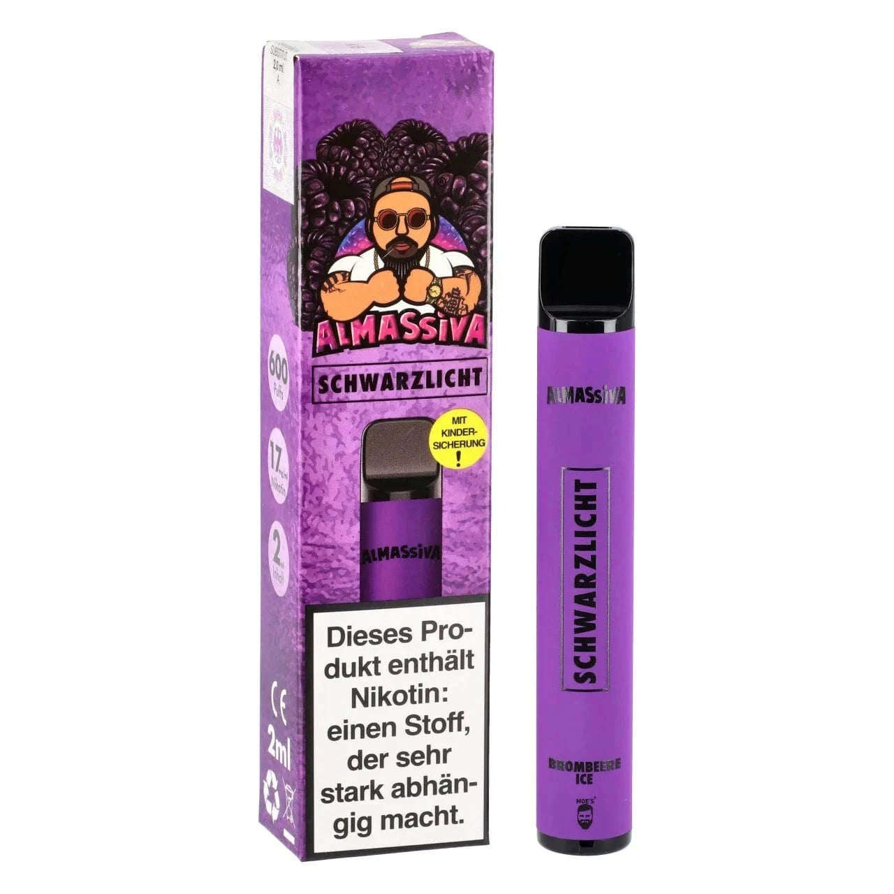 Almassiva Schwarzlicht E-Zigarette mit Brombeere Menthol Geschmack. Entdecke das frische, mysteriöse Dampferlebnis.
