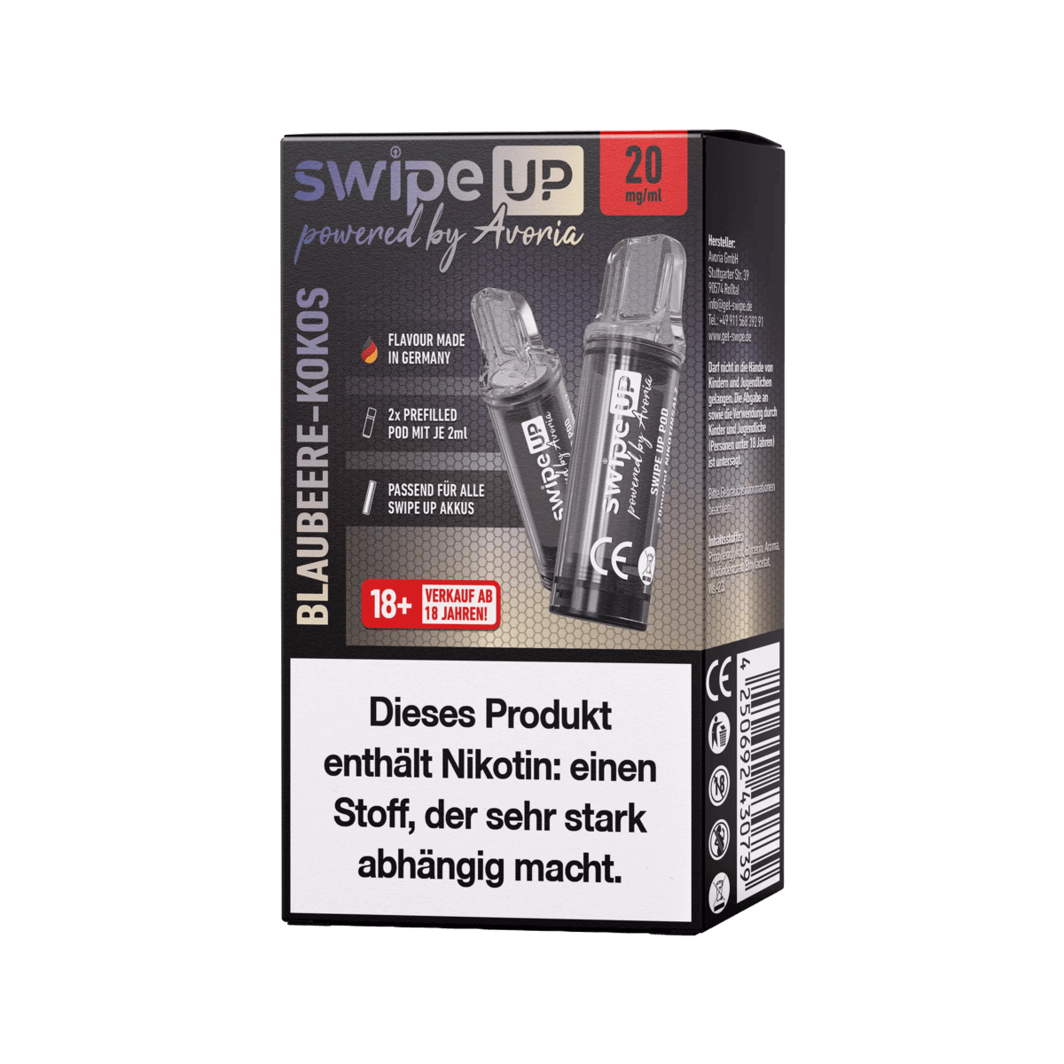 Avoria Swipe Up Pod Blaubeere-Kokos, 2er Set, 20 mg/ml Nikotin; exotisches Dampferlebnis aus Deutschland, verführt mit Kokos-Blaubeere.