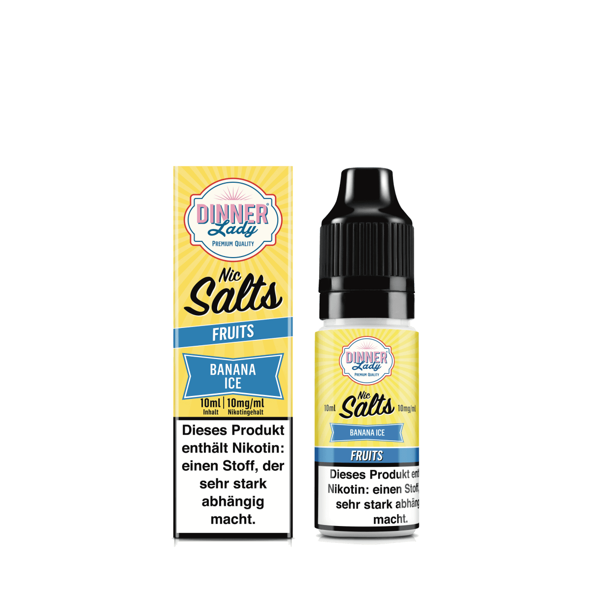 Dinner Lady Nic Salts Banana Ice E-Liquid mit reifen Bananen, Vanille und eisigem Menthol, 10ml Flasche.