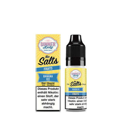 Dinner Lady Nic Salts Banana Ice E-Liquid mit reifen Bananen, Vanille und eisigem Menthol, 10ml Flasche.