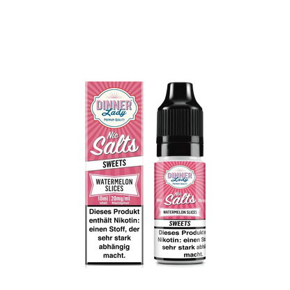 Flasche und Verpackung von Dinner Lady Nic Salts Watermelon Slices E-Liquid, der pure Wassermelonen-Geschmack für dich.