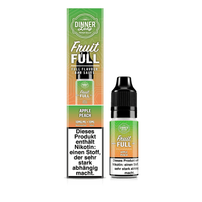 Dinner Lady Bar Salts Apple Peach Flasche vor Verpackung, fruchtiges E-Liquid-Erlebnis mit Apfel und Pfirsich.