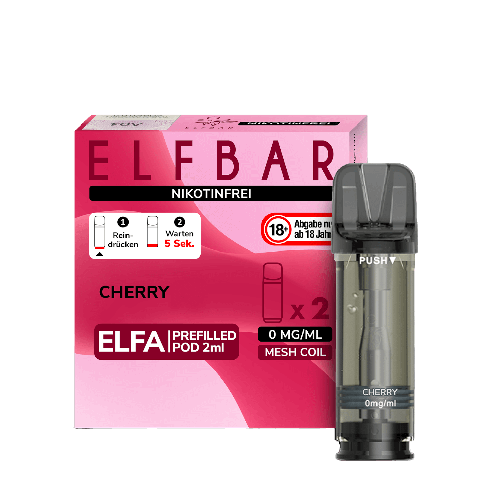 Elfa Pod ohne Nikotin 2er Set Cherry mit intensivem Kirschgeschmack. Ideal für ein fruchtiges Vape-Erlebnis ohne Nikotin.