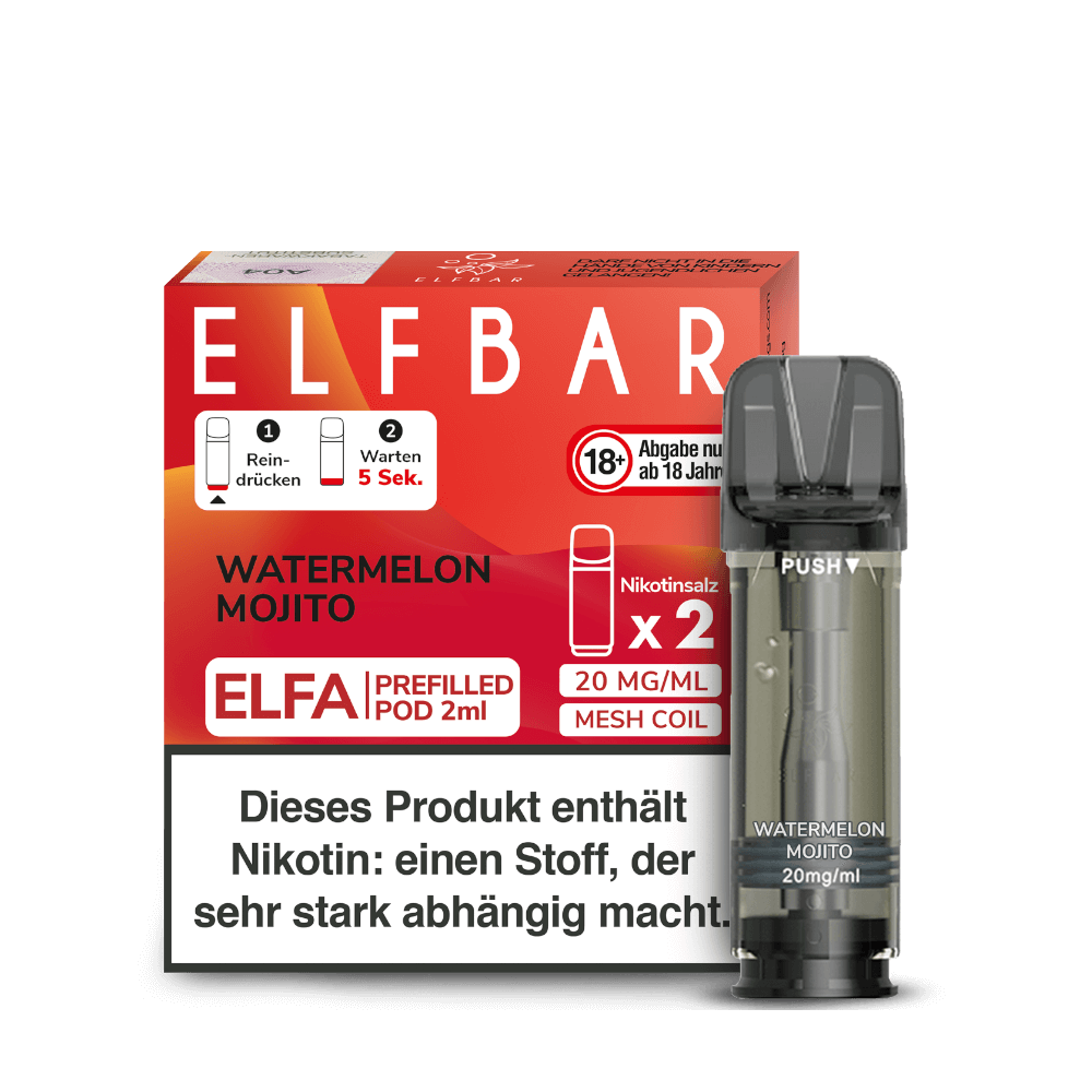 Elfa Pod Watermelon Mojito 2er Set: Genieße den süßen Wassermelone-Mojito-Geschmack, perfekt für heiße Sommertage. Enthält Nikotin.