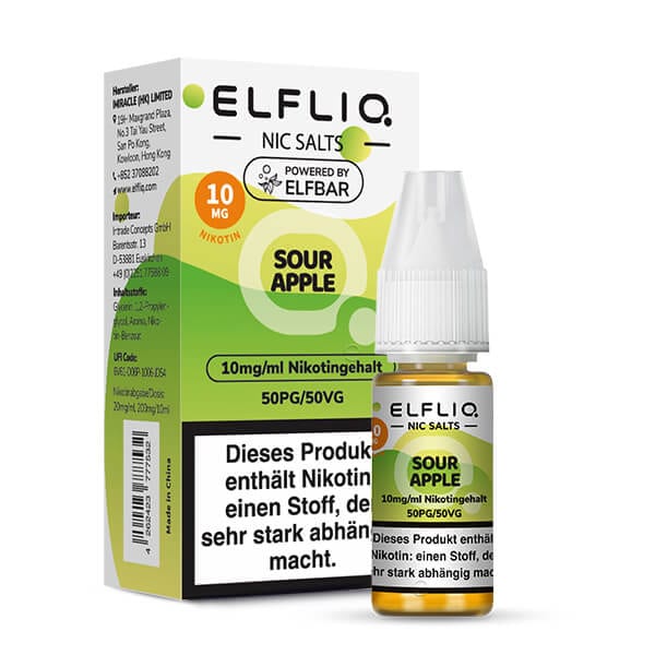Entdecke Elfliq - Sour Apple: Nachhaltiges Nikotinsalz E-Liquid für dein Mehrweg Pod-System, saurer Apfelgeschmack genießen.