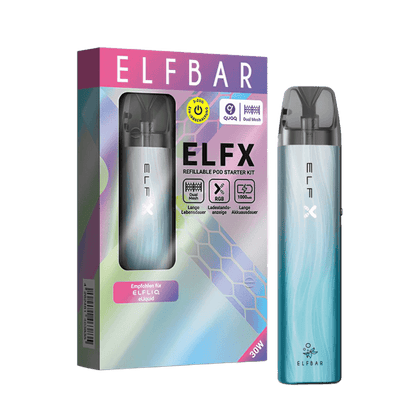 ElfX Pod Kit in Silber Blau, stylisch und erfrischend wie Himmel und Meer, für modernes Vaping mit Elfbar. Fühl die Gelassenheit.