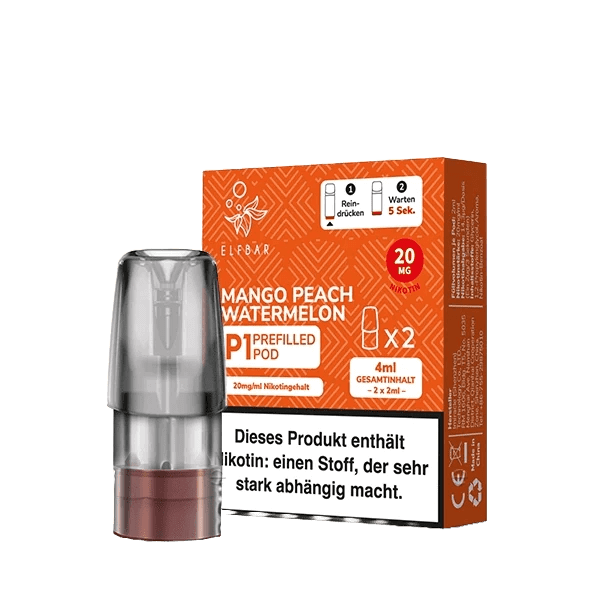 Frischer Mango Pfirsich Wassermelone P1 Pod für deinen Elf Bar Mate 500. Hol dir das tropische Dampferlebnis im 2er Set.