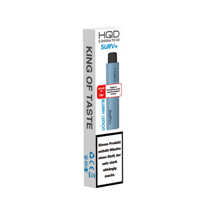 Vape-Stick HQD Surv+ Blurry Lemon Blaubeere Zitrone mit stylischem Design und stabilem Aluminiumgehäuse. Erfrischende E-Shisha.