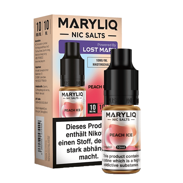Alt Tag: Maryliq Peach Ice Pfirsich Menthol E-Liquid mit fruchtigem Pfirsich- und erfrischendem Mentholgeschmack, 10ml Flasche.