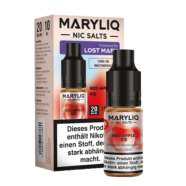 Alt Tag: Entdecke Maryliq Red Apple Ice mit süßen roten Äpfeln und erfrischendem Mentholgeschmack in einem stylischen Fläschchen.