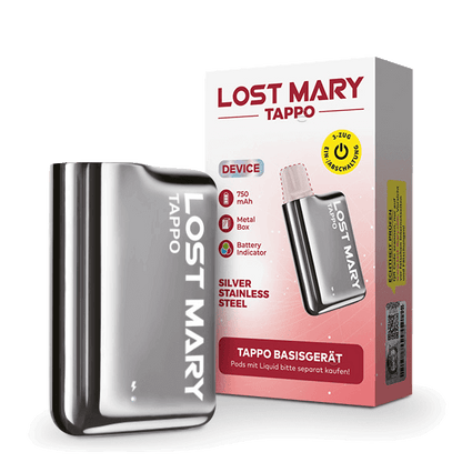 Entdecke das Lost Mary Tappo Basisgerät in silbernem Edelstahl, das perfekte Accessoire für jeden Dampfer.