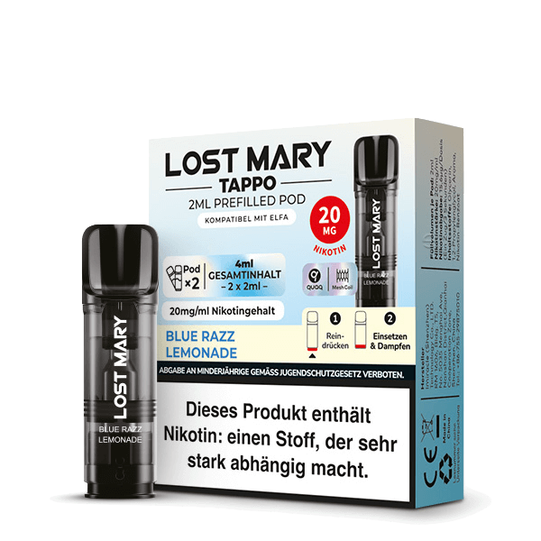 Alt Tag: Lost Mary Tappo Pod Blue Razz Lemonade 2er Set, erfrischender Geschmack von Blaubeere und Himbeere, 20mg Nikotingehalt.