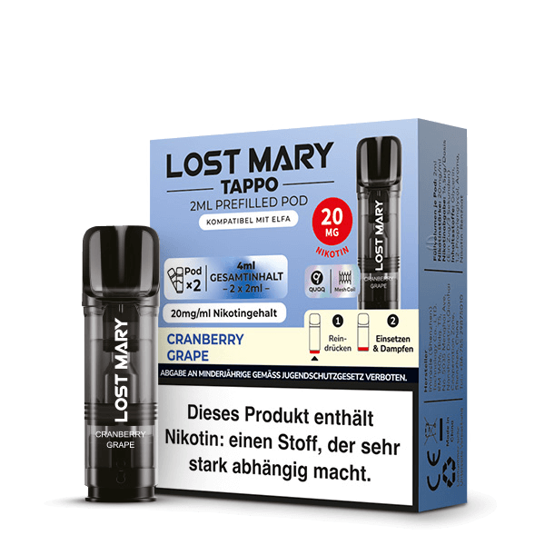 Alt Tag: Doppelpack Cranberry Grape Tappo Pods von Lost Mary mit fruchtigem Preiselbeer- und Traubengeschmack.