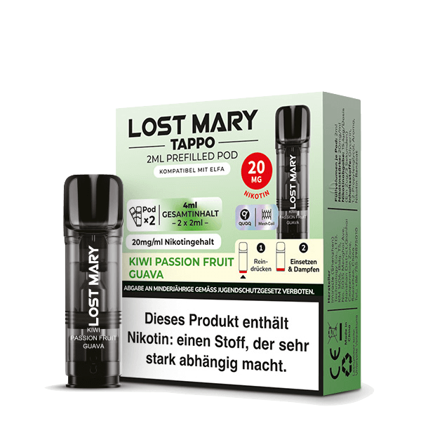 "Tauche ein in den tropischen Genuss mit Lost Mary Kiwi Passion Fruit Guava Tappo Pod. Exotischer Mix für dein Dampferlebnis."