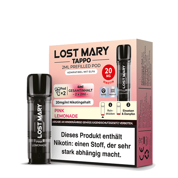 Alt Tag: Tappo Pod 2er Set in Pink Lemonade von Lost Mary, frische Sommergeschmack in praktischer, leichter Form.