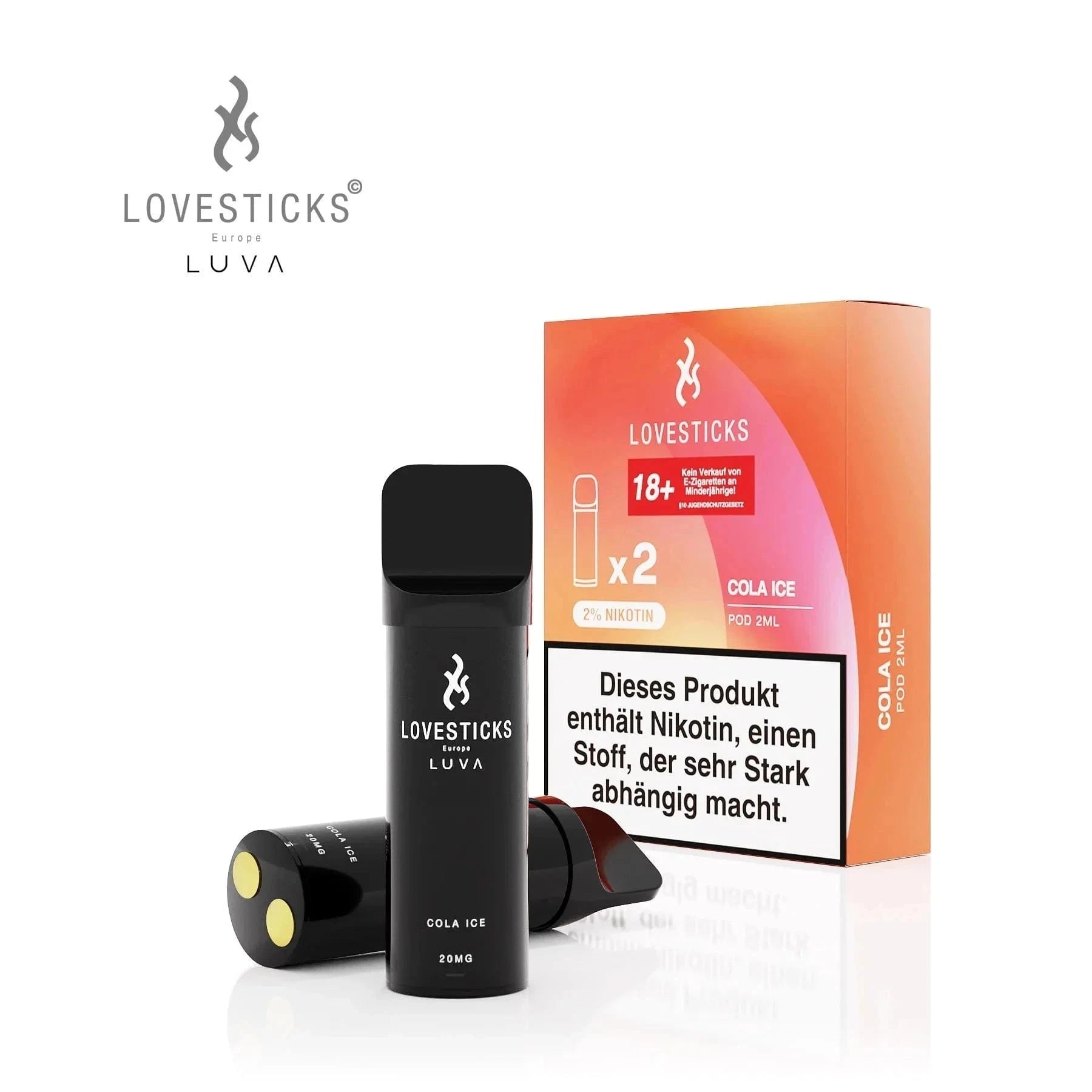 Erlebe die erfrischende Cola-Menthol-Mischung mit den Lovesticks Luva Einweg-Pods im 2er Set. Perfekt für deinen nächsten Vape-Genuss.