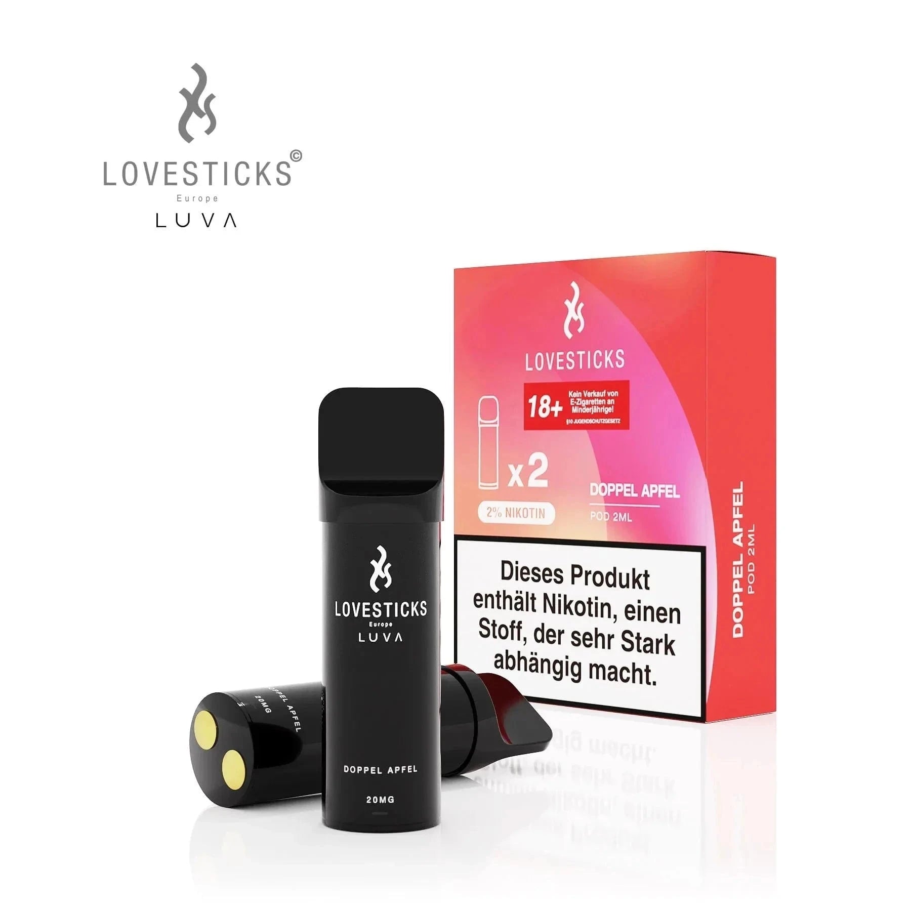 Luva Pod Doppel Apfel Set, erlebe intensives Apfelaroma mit Lovesticks Einweg-Pods, perfekt für Fans fruchtiger Aromen.