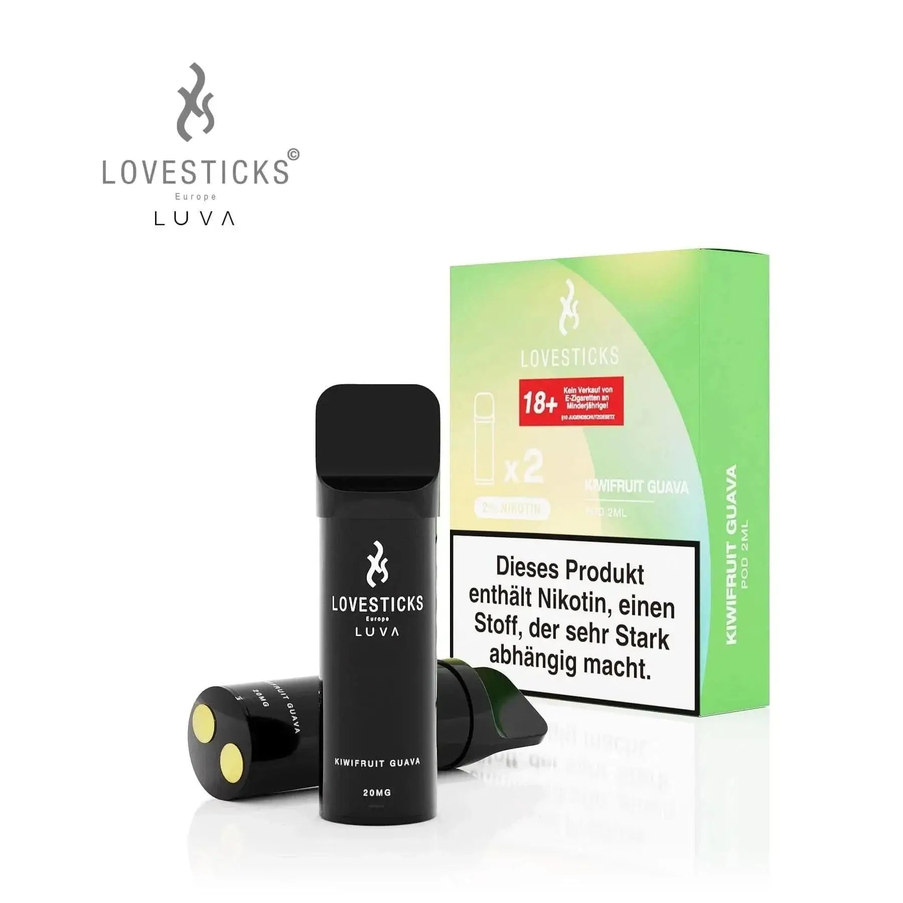 Lovesticks Luva Einweg-Pods im 2er Set mit exotischem Kiwi-Guave-Geschmack für ein tropisches Vape-Erlebnis, ideal für Genießer.
