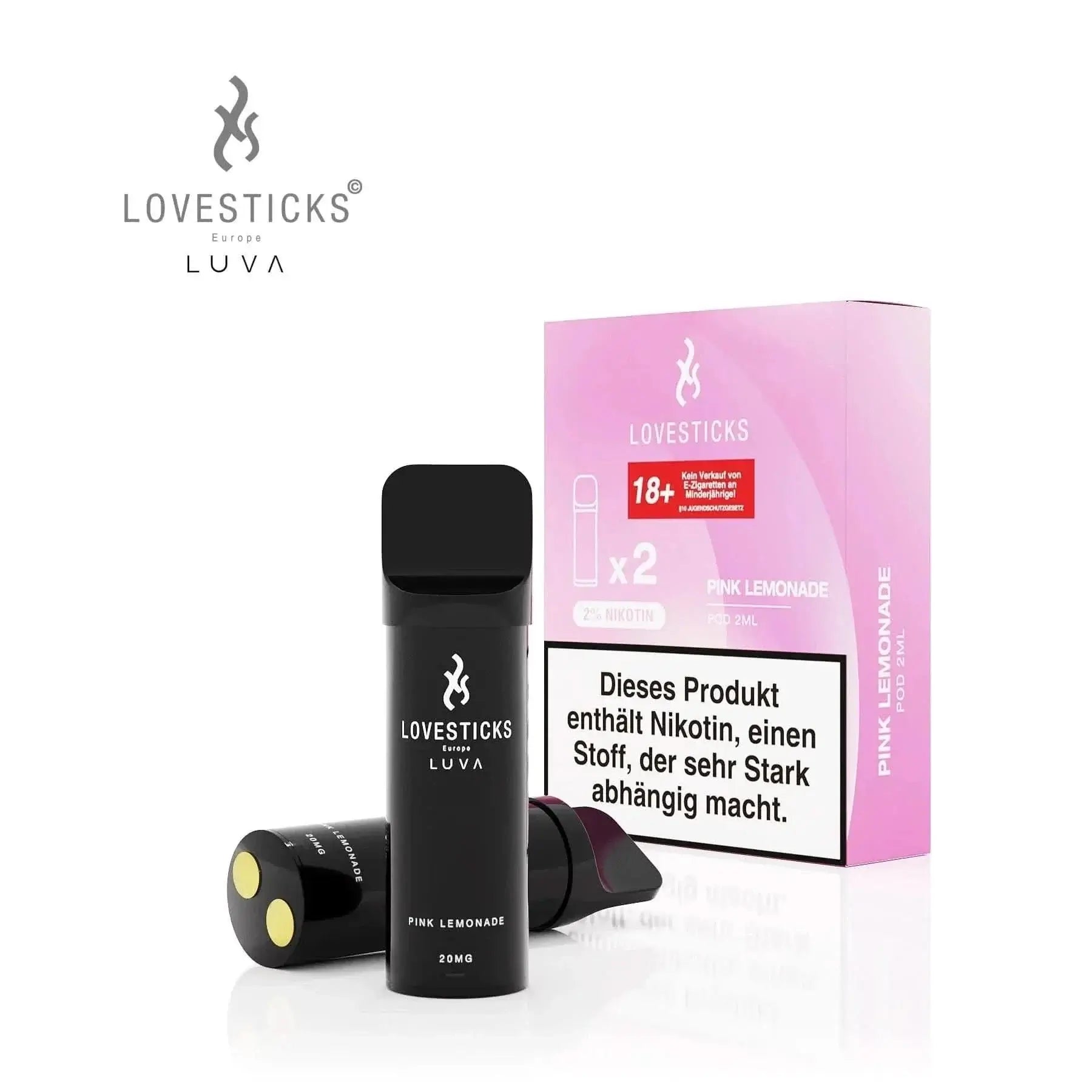 Luva Einweg-Pod 2er Set in Pink Lemonade Geschmacksrichtung. Erfrischender, spritziger Vape-Genuss von Lovesticks. Nikotinhaltig.