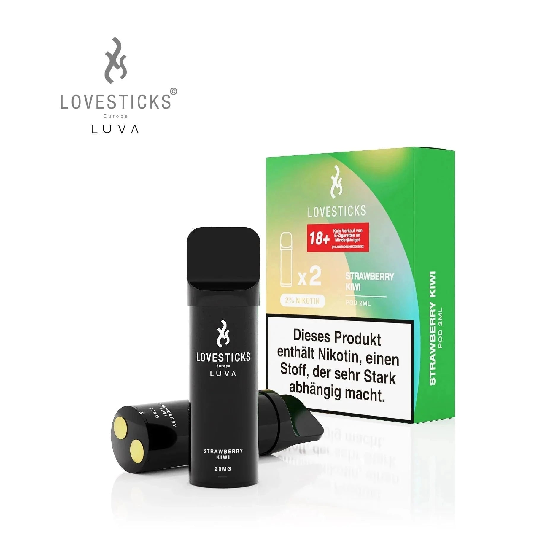Genieße die Lovesticks Luva Strawberry Kiwi Pods, eine süße Mischung aus Erdbeer und Kiwi für ein exotisches Dampferlebnis.