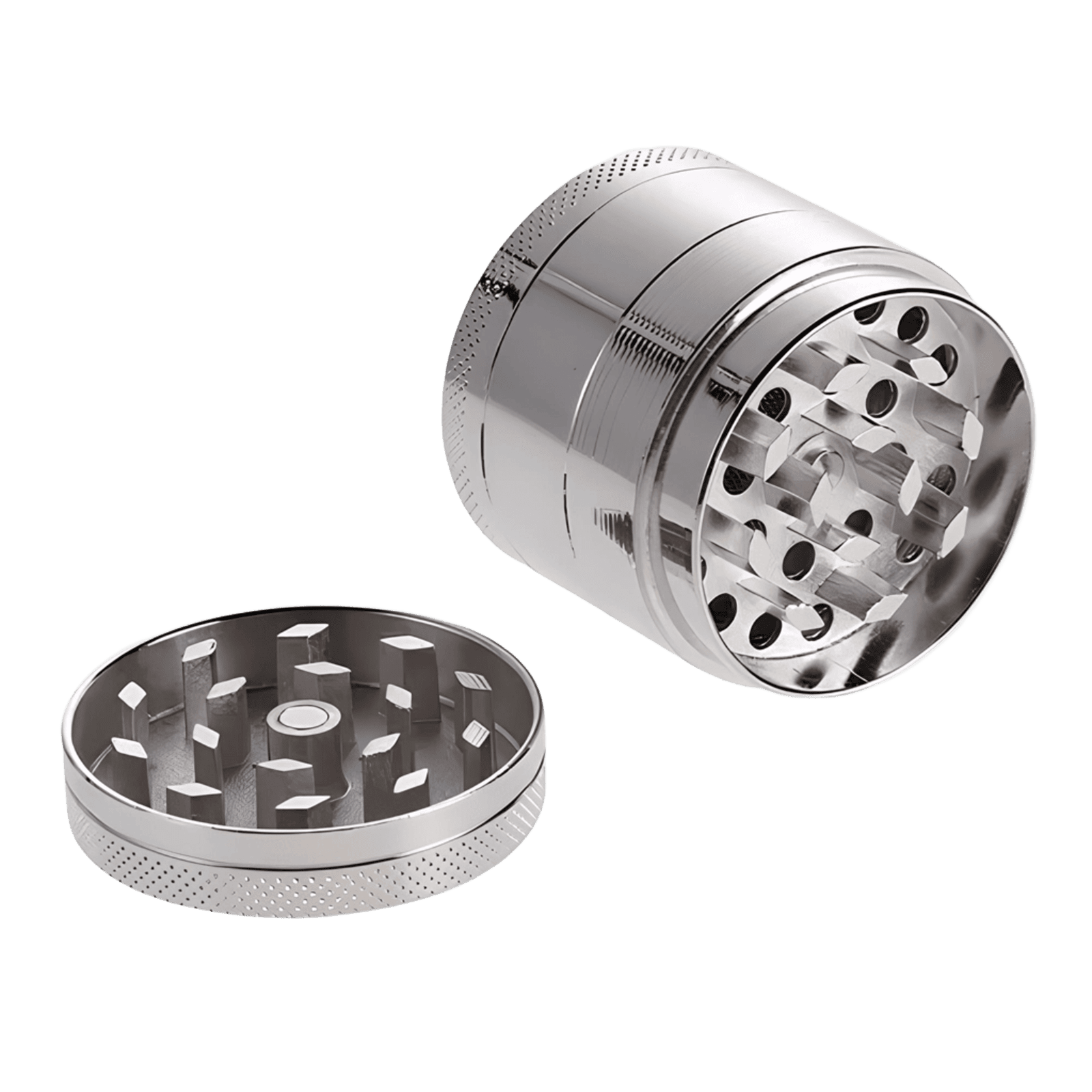 Metall Grinder ToGo - kompakter 4-teiliger Grinder für deine Kräuter-Sessions, stylisch und effizient für schnelles Zerkleinern.