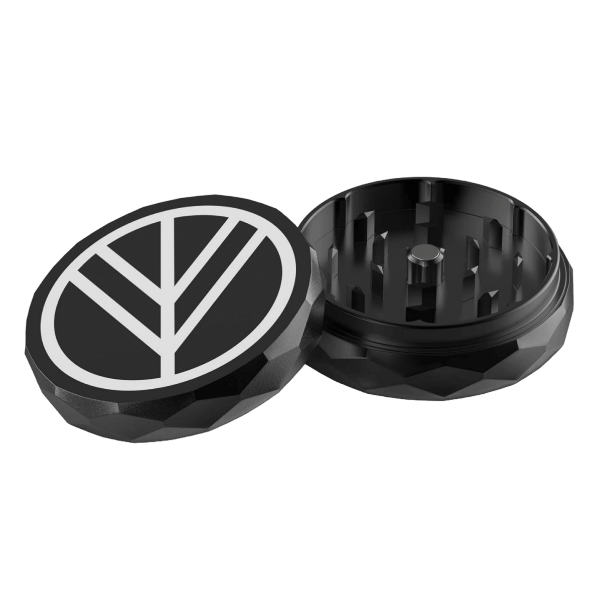 Norddampf Grinder 2-teilig aus Aluminium, geöffnet mit scharfen Zähnen, ideal für Shisha und E-Zigaretten Liebhaber.
