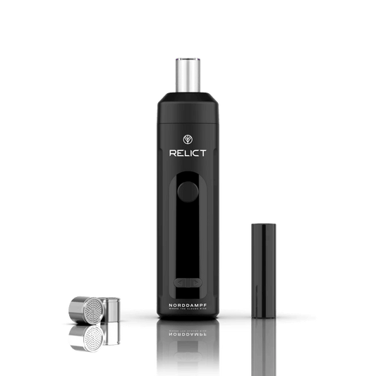 Relict Vaporizer in tiefem Schwarz mit stilvoller Verpackung - erlebe die Mitternachtsmagie. Perfekt für stilvolle Dampfer.