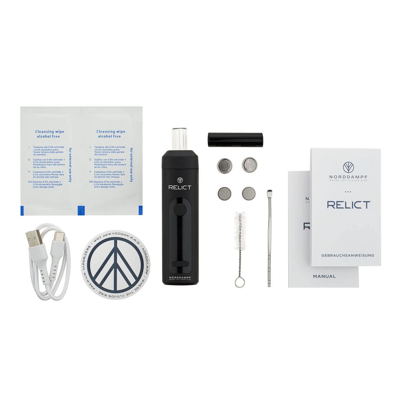 Entdecke den Norddampf Relict Vaporizer in tiefem Schwarz mit Zubehör; ein elegantes Statement für genussvolle Momente.