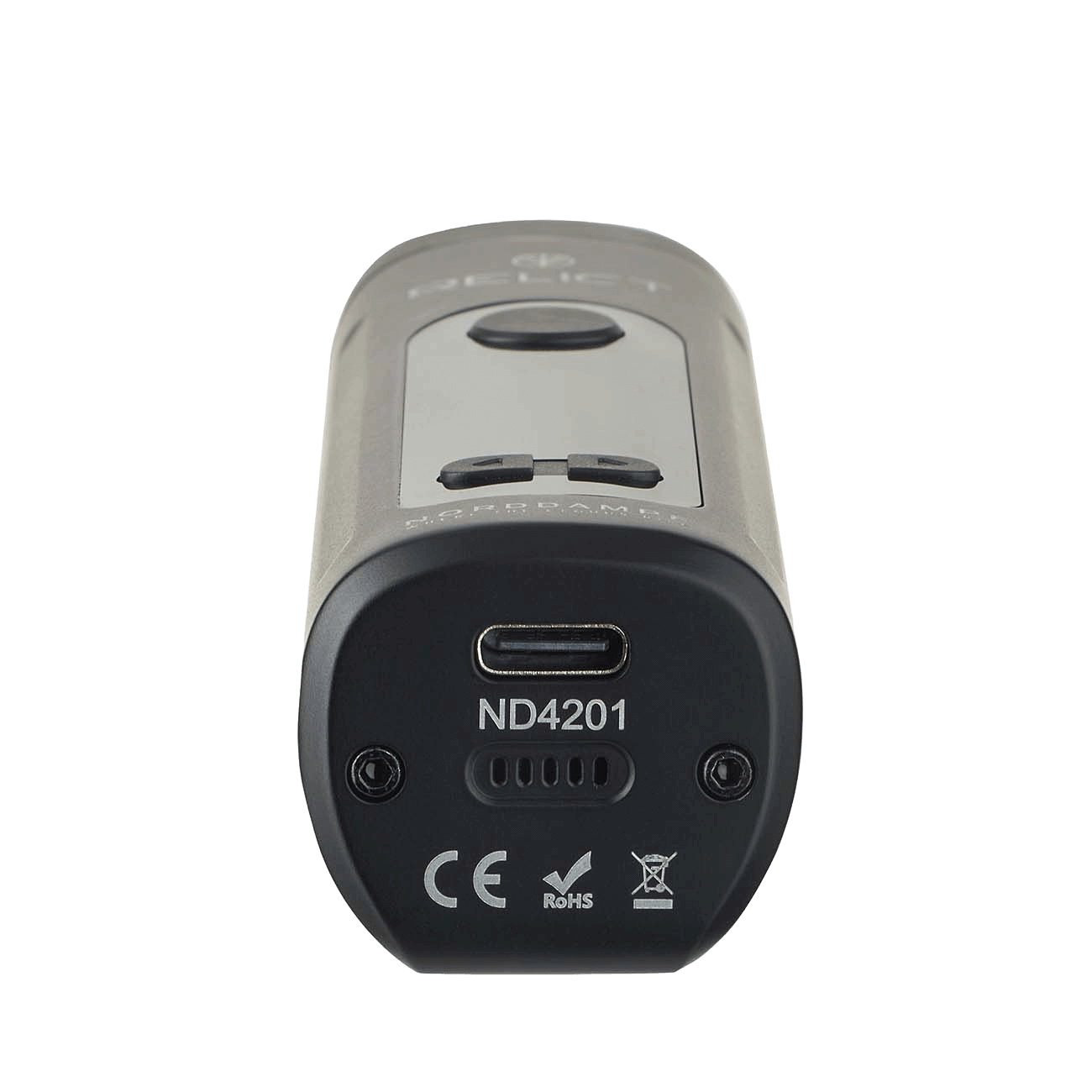 Norddampf Relict Vaporizer in Schwarz mit CE und RoHS Kennzeichnung, elegantes Design, Rückansicht mit Ladeanschluss.