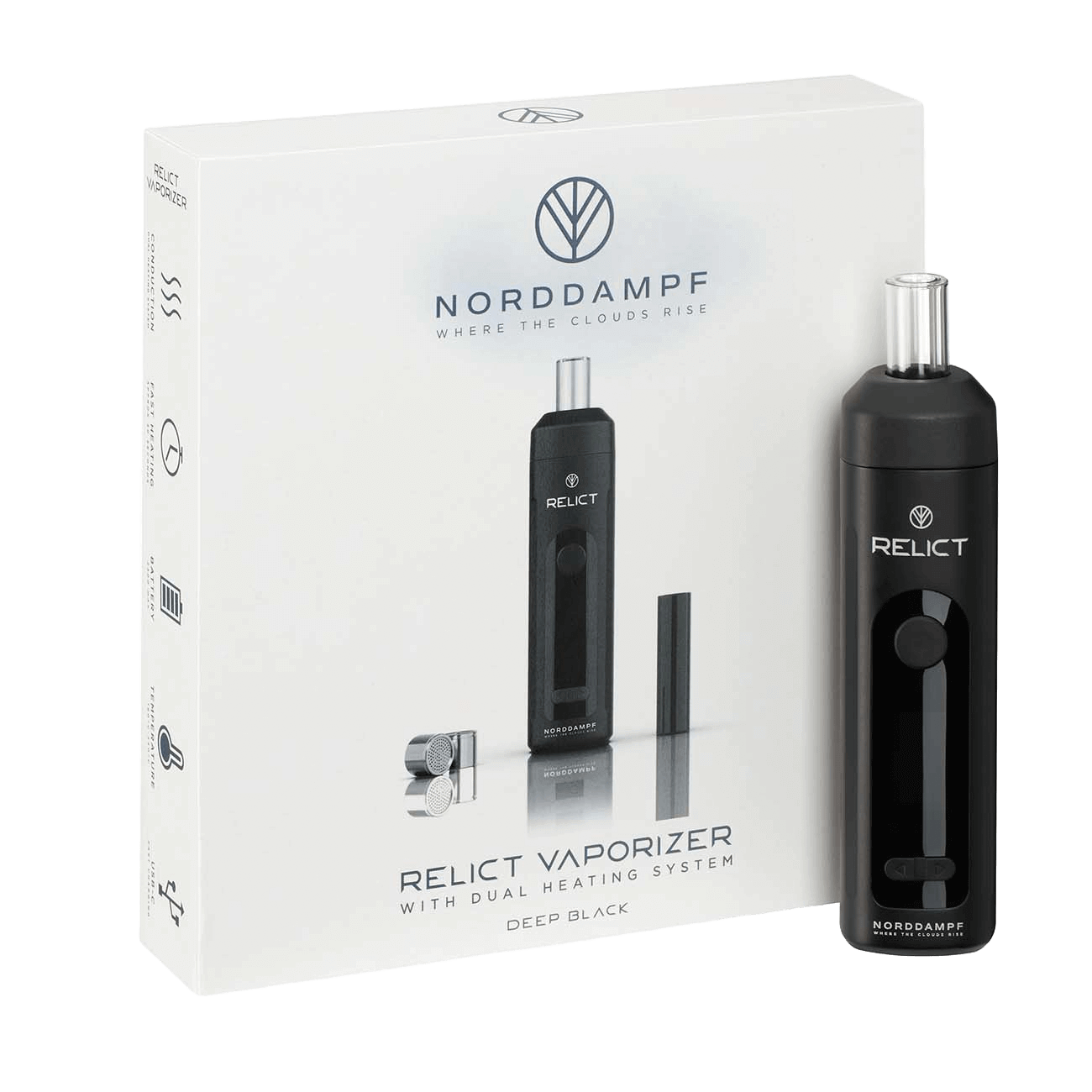 Relict Vaporizer in tiefem Schwarz mit stilvoller Verpackung - erlebe die Mitternachtsmagie. Perfekt für stilvolle Dampfer.