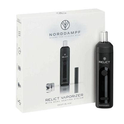 Relict Vaporizer in tiefem Schwarz mit stilvoller Verpackung - erlebe die Mitternachtsmagie. Perfekt für stilvolle Dampfer.