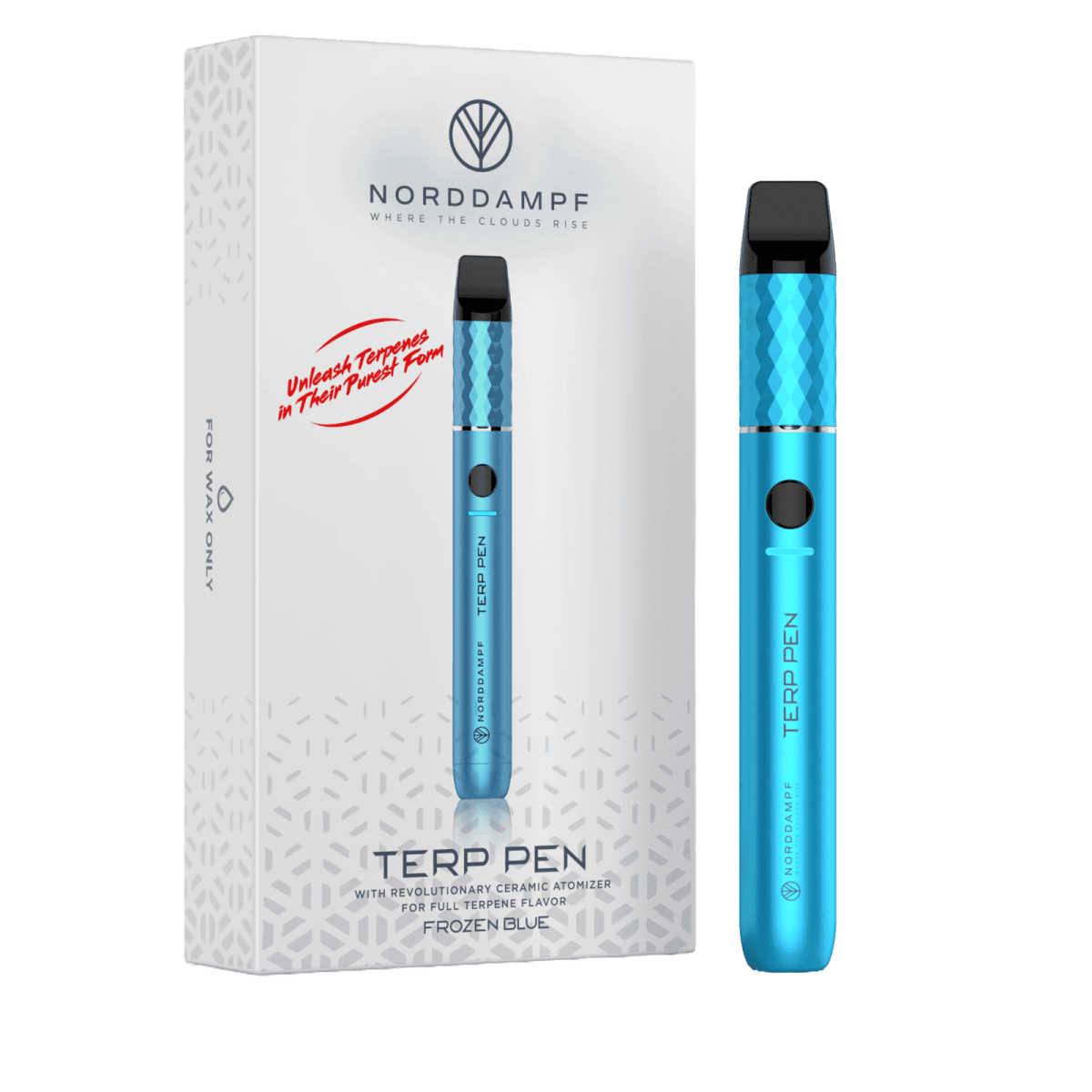 Norddampf Terp Pen Vaporizer in Blau Metallic mit Verpackung – Dein kompakter Begleiter für Aromen-Genuss.