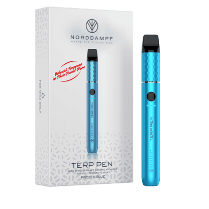 Norddampf Terp Pen Vaporizer in Blau Metallic mit Verpackung – Dein kompakter Begleiter für Aromen-Genuss.