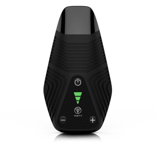 Voity Vaporizer in tiefem Schwarz, innovatives Design für Blüten- und Kräuter-Genuss entdecken, Norddampf Technologie.