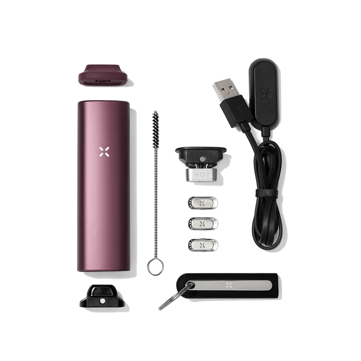 PAX Plus Vaporizer in Elderberry Pink mit Zubehör für entspannte Dampfsessions – Stilvoll und leistungsstark für unterwegs.
