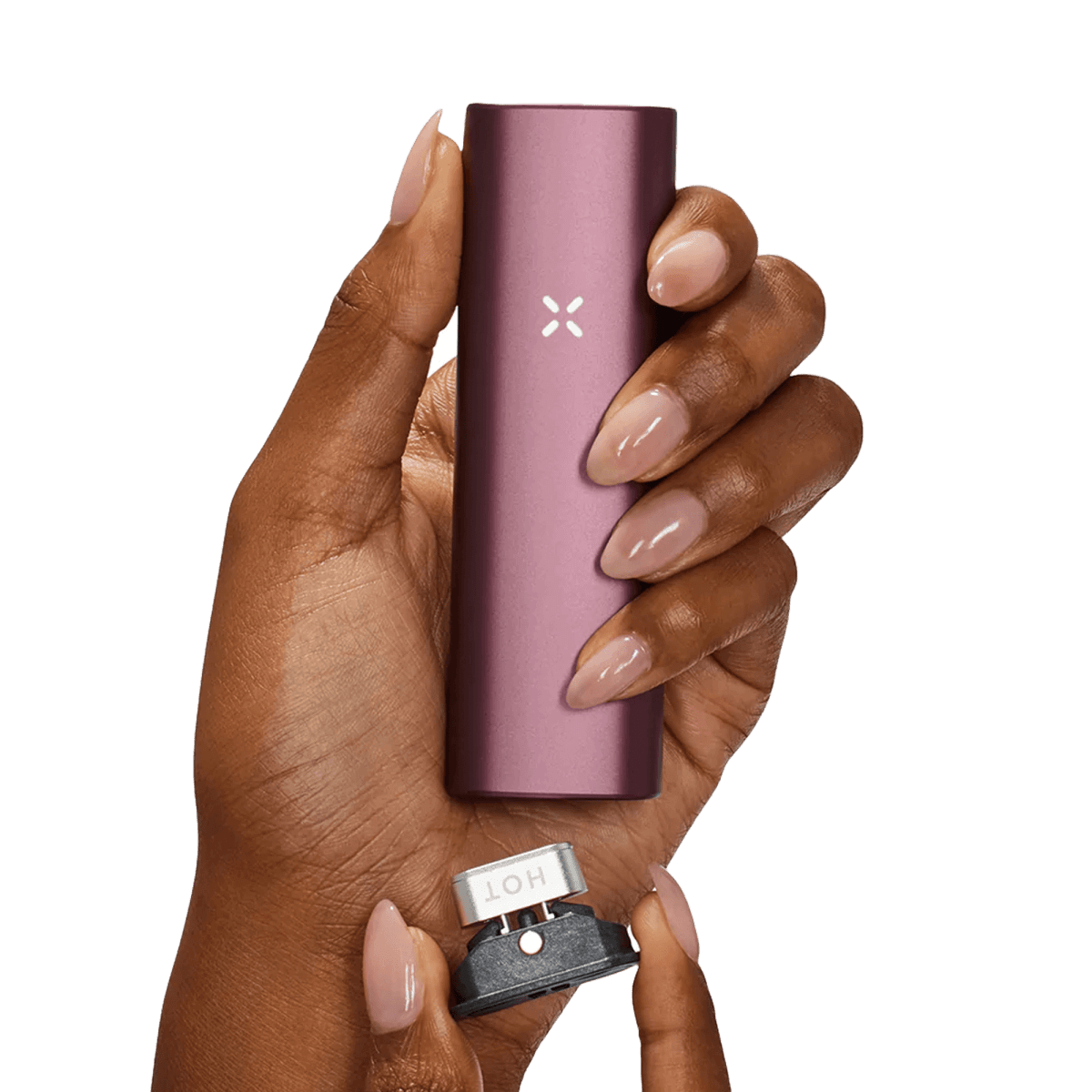 Alt Tag: Halte den PAX Plus Vaporizer in Elderberry Pink in der Hand und genieße stilvolle Dampfsessions unterwegs.