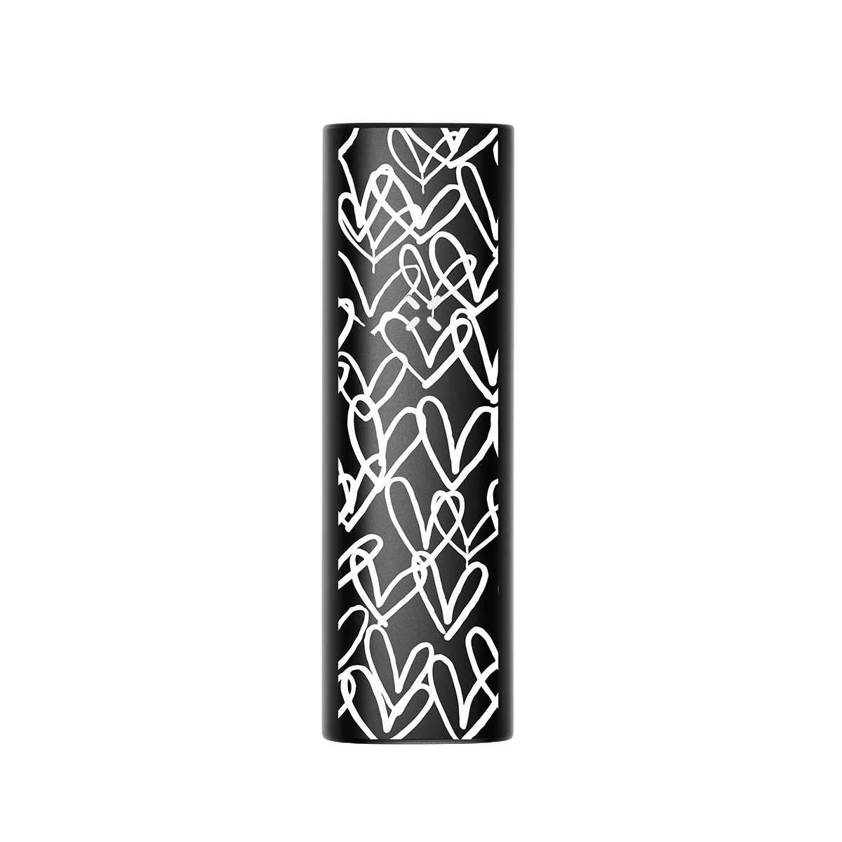 Schwarzer PAX Plus Vaporizer im James Goldcrown Design, verziert mit weißen Herzen. Für ein stilvolles, persönliches Dampferlebnis.