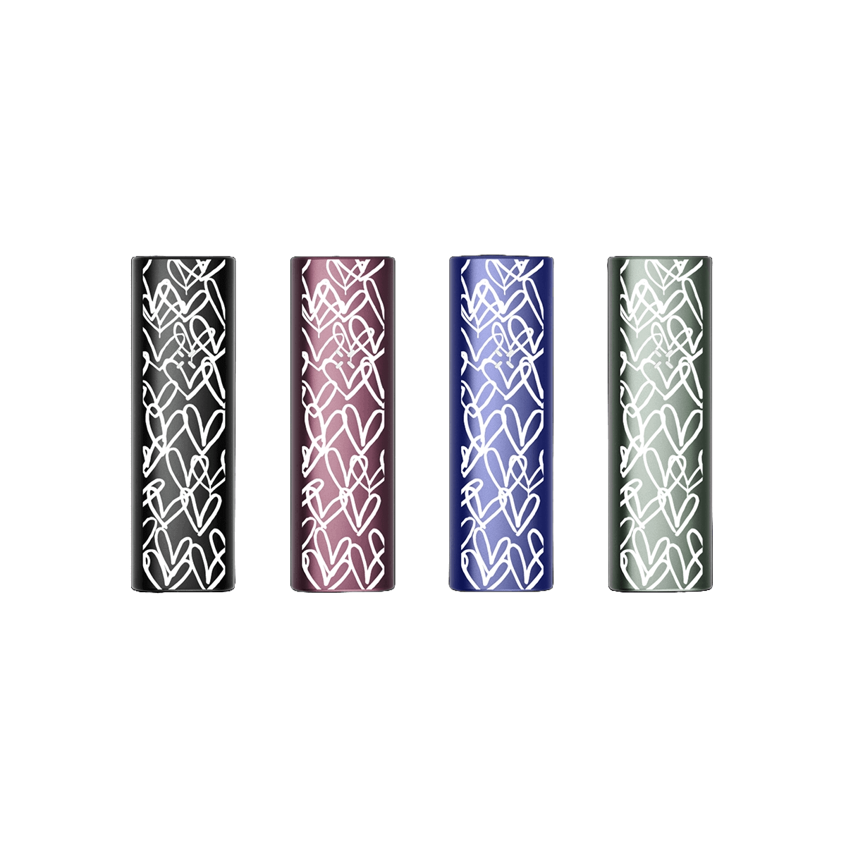 Vier PAX Plus Vaporizer mit Herzmustern in Schwarz, Rot, Blau und Grau.