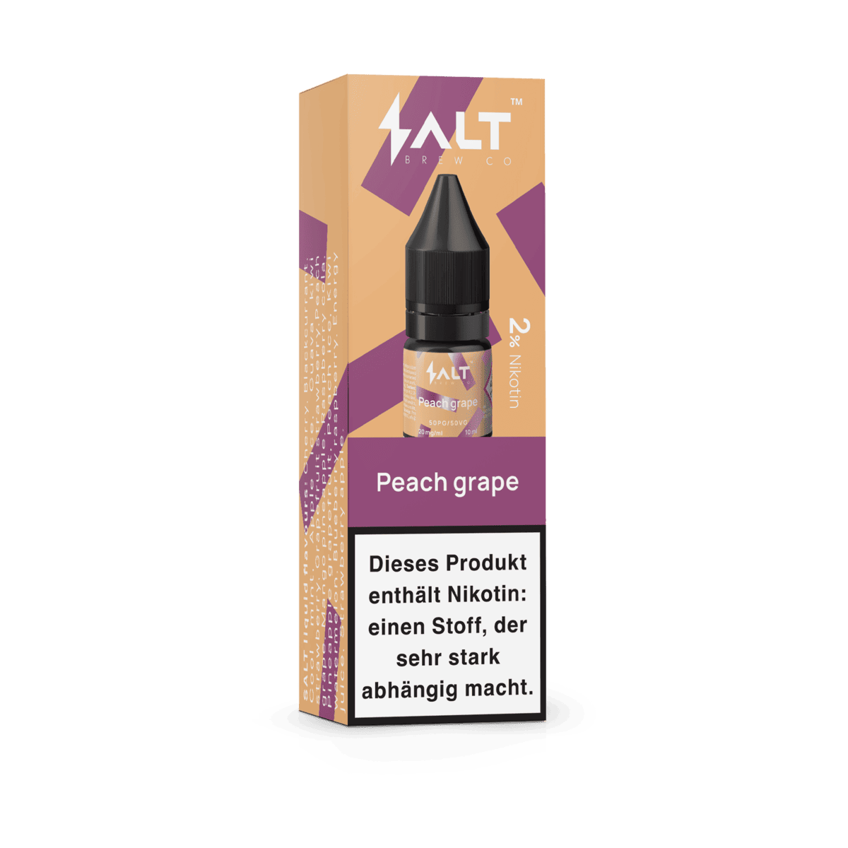 Pro Vape Salt Liquid Peach Grape Packung mit Nikotinhinweis. Genieße den süßen Pfirsich-Traube-Geschmack! 24mg Nikotin.
