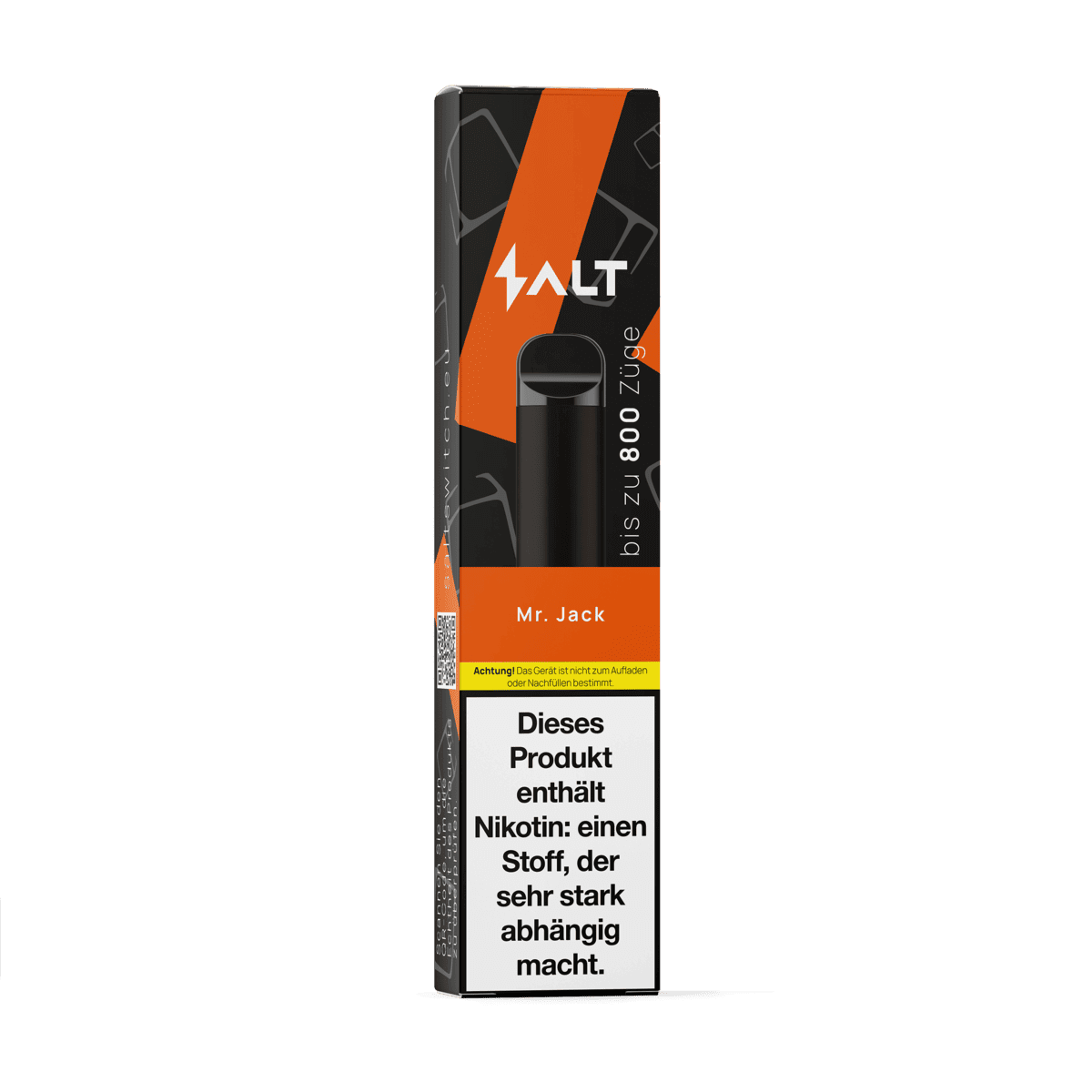 Salt Switch Mr. Jack Vape-Verpackung mit Whiskey und Cola Geschmack. Achtung: Enthält Nikotin, ein stark süchtig machender Stoff.