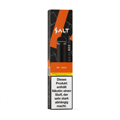 Salt Switch Mr. Jack Vape-Verpackung mit Whiskey und Cola Geschmack. Achtung: Enthält Nikotin, ein stark süchtig machender Stoff.