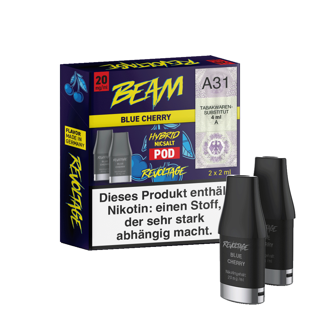 Revoltage Beam Pod 2er Set Blue Cherry, süß und frisch, Blaubeeren & Kirschen, Nikotin enthalten. Ideal für ein intensives Dampferlebnis.