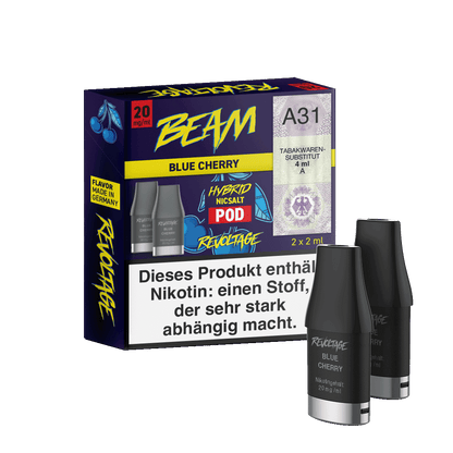 Revoltage Beam Pod 2er Set Blue Cherry, süß und frisch, Blaubeeren & Kirschen, Nikotin enthalten. Ideal für ein intensives Dampferlebnis.